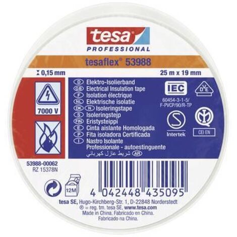 Ruban isolant Tesa 53988 en PVC Blanc 25m x 19mm x 0.15mm ( Prix pour 1 )