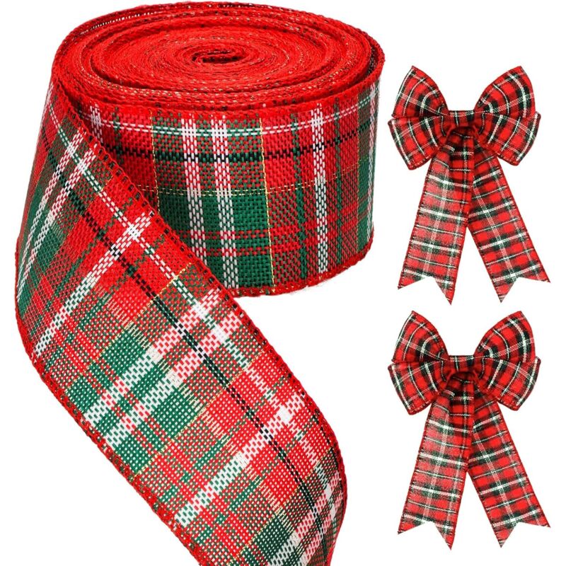 Ruban jute rouge vert 10 m x 6 cm, motif carreaux buffle, décoration Noël mariage arc cadeau