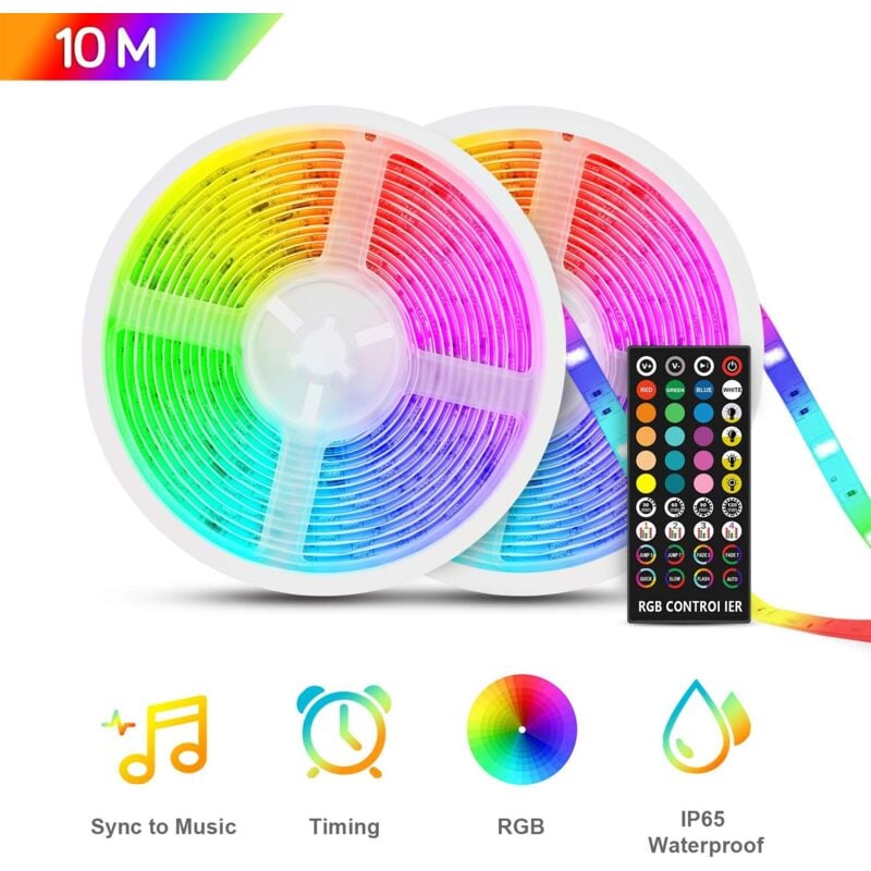 Ruban led 10m etanche, Bande led RGB5050 12V, Multicolore IP65 avec Fonction Mucial chronométrage,Télécommande à Infrarouge, Led Ruban pour