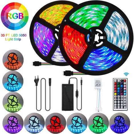 Ruban LED 10M,LED Ruban 300 LED 5050 RGB SMD Multicolore Bande LED Lumineuse avec Télécommande à Infrarouge 44 Touches et Alimentation 12V 33FT [Classe énergétique A+++]