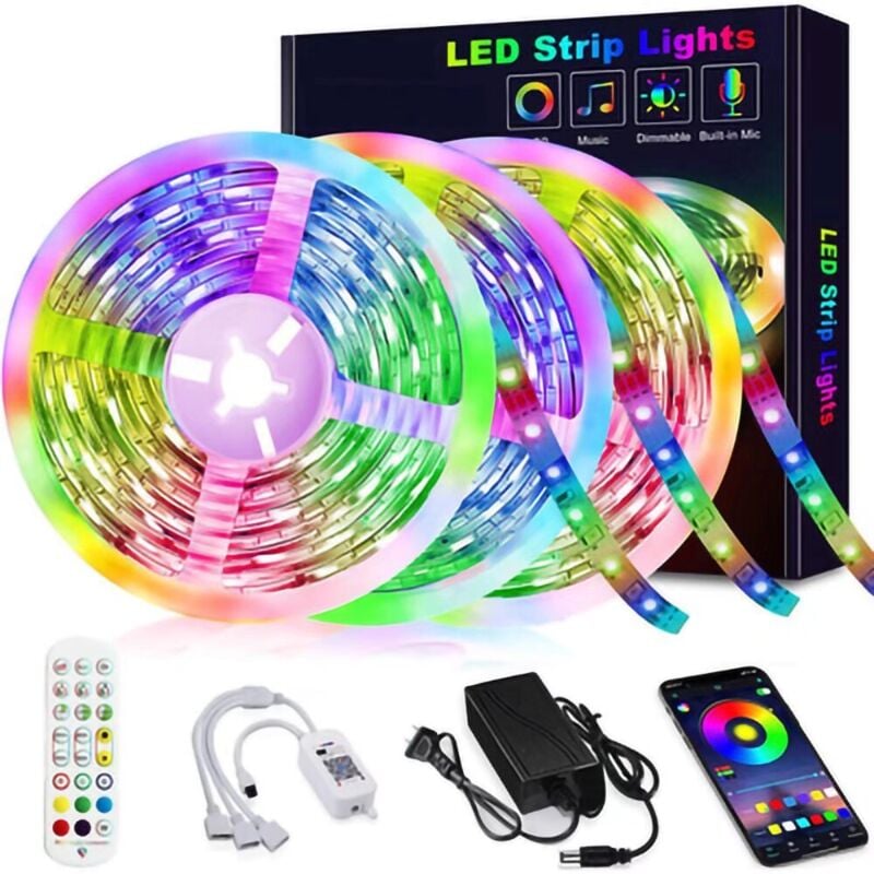 Ruban led 15M, Bluetooth Bande led 5050 rgb 12V 270 led Lumineuse, Contrôlé par app, ir Télécommande et Contrôleur pour Maison, Chambre, Television,