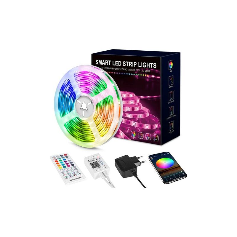 Ruban led 15m, rgb Bande led Bluetooth Smart App Contrôle, Multicolore Ruban Led avec Télécommande, Changement de Couleur avec la Musique, pour