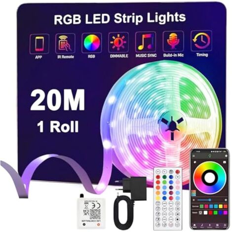 Ruban Led 20m,24V RVB Bande LED avec Télécommande et Bluetooth APP,Synchronisation de la Musique, Mode Minuterie,Flexible Multicolore Bande LED pour Salon,Chambre,Fête,Festival,Mariage