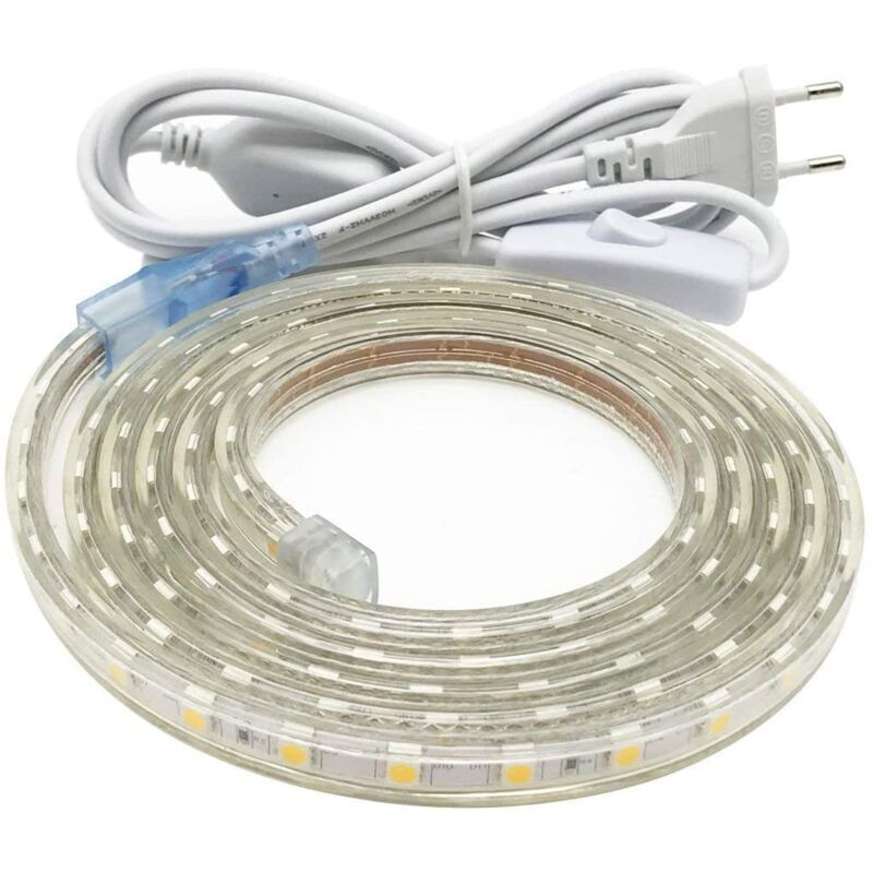 Ruban LED 4 Mètres, IP65 étanche Bande LED avec Interrupteur Bandeau Led 220V 230V, Blanc Chaud
