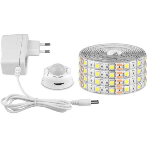 Ruban Led Avec Détecteur De Mouvements, Bande Led Flexible Autocollante,Étanche IP65 Avec Alimentation 12V Barre Lumineuse Pour Chambres, Salons, Cuisines, Armoires Et Décoration (5M, blanc chaud)