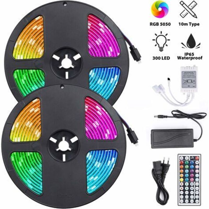 Ruban LED, Bande lumineuse LED RGB, Ruban LED 10M avec 300 LED de lumière, Bande Auto-adhésive Télécommandée IP65 imperméable pour Mur Arrière