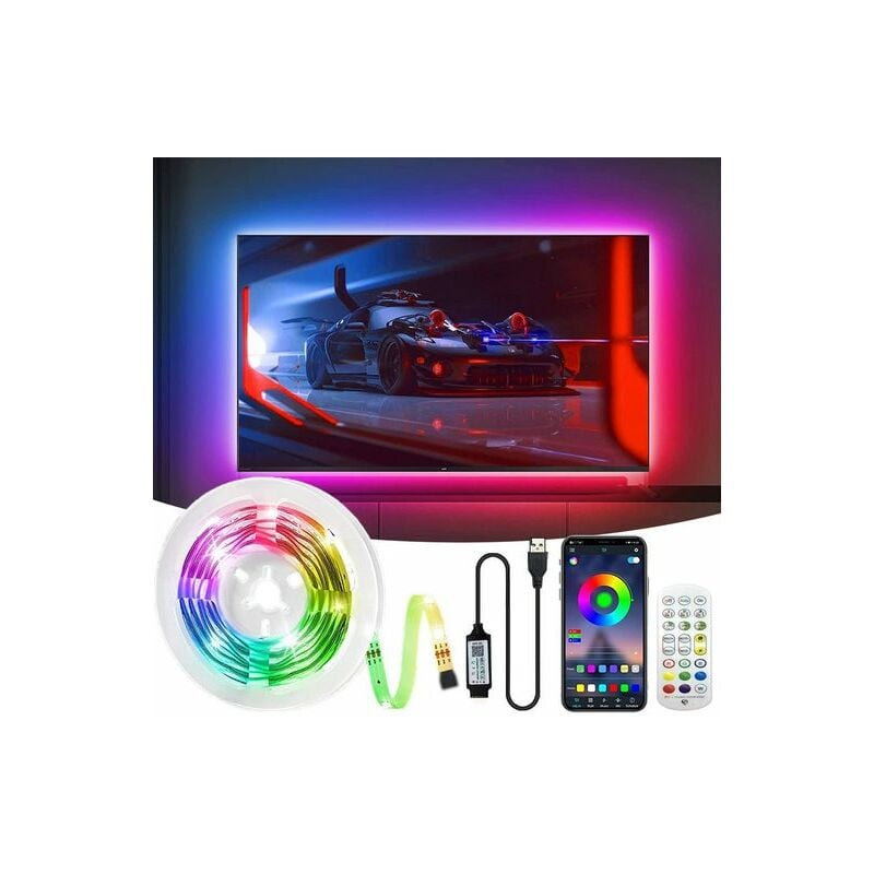 Ruban led, Bandes Lumineuses, Rétroéclairage de la télévision, Bluetooth app, Avec télécommande, Mode son/musique, IP65 résistant aux gouttes d'eau,