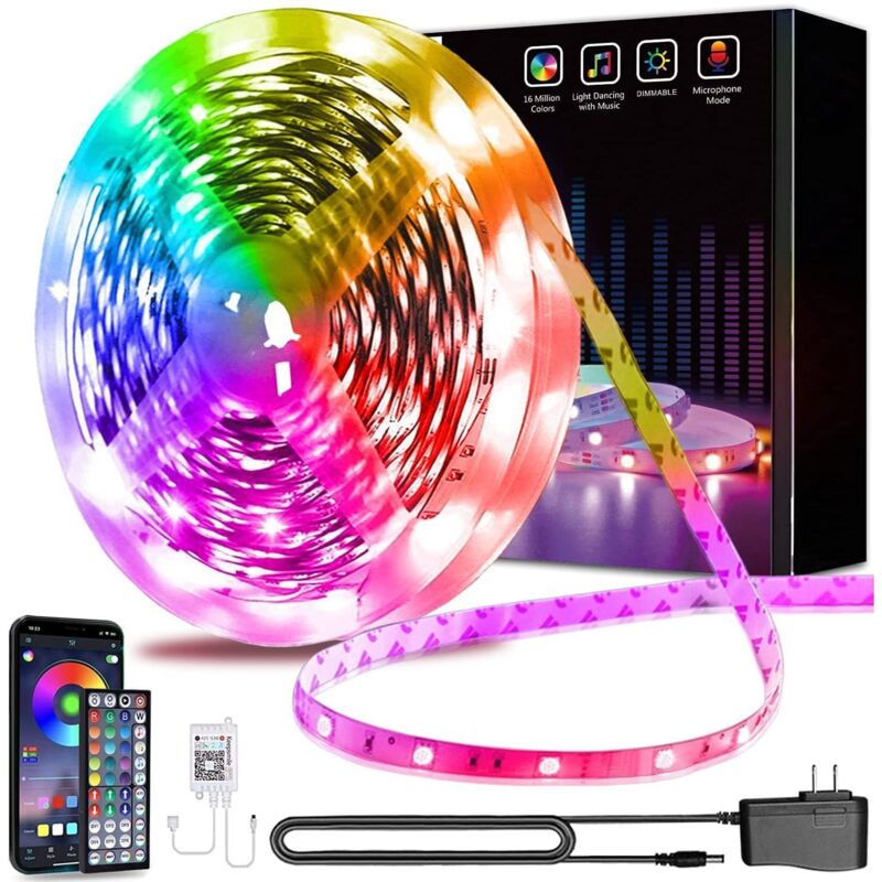 Ruban led Bleutooth 15M Bande led 5050 rgb led Chambre Bande Lumineuse Flexible Multicolore, Contrôlé par app du Smartphone, Synchroniser avec Rythme