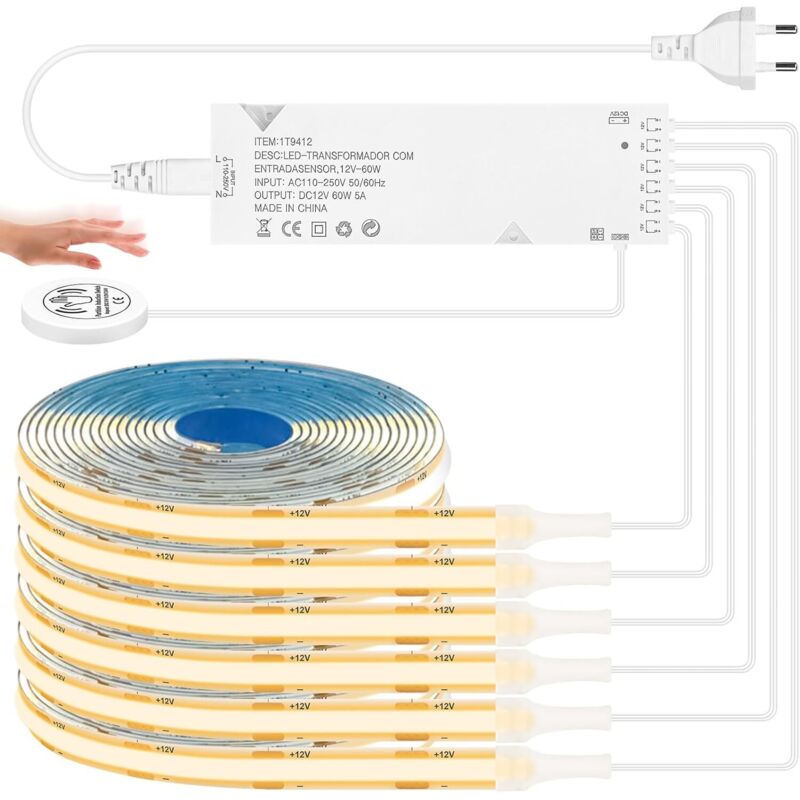 Ruban LED COB 1M, 6 Pièces COB Bande LED Blanc Chaud en Parallèle, avec Variateur Tactile et à Balayage Manuel, Découpable Éclairage pour Armoire,