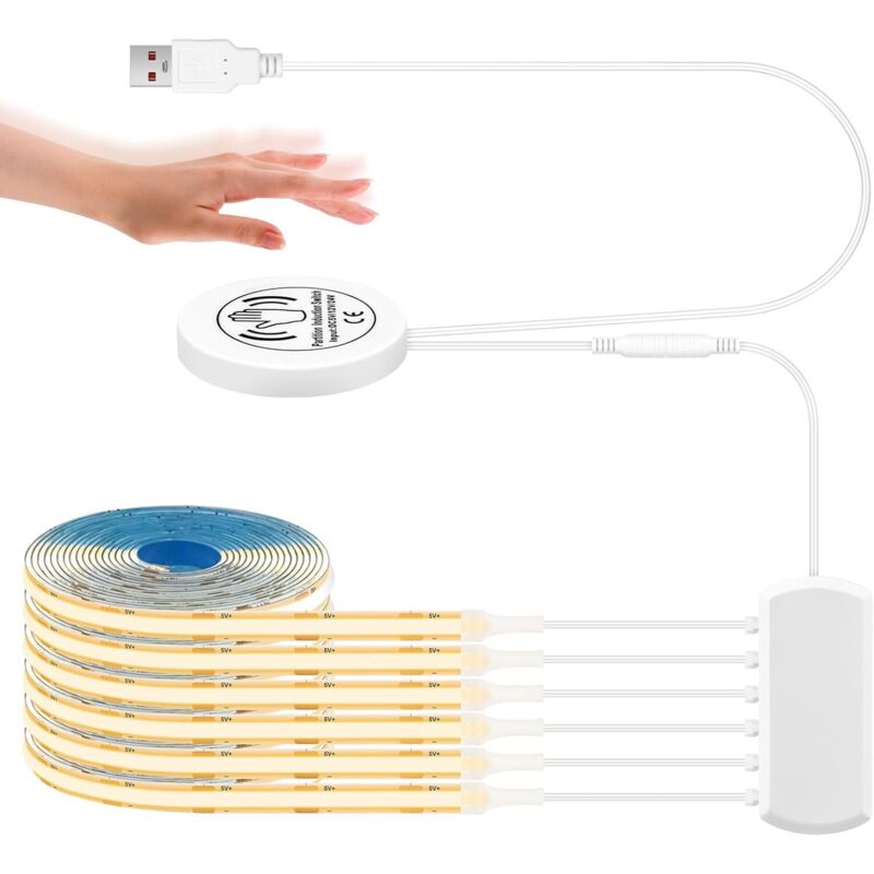 Ruban LED COB 1M, 6 Pièces COB Bande LED Blanc Chaud en Parallèle, avec Variateur Tactile et à Balayage Manuel, Découpable Éclairage pour Armoire,