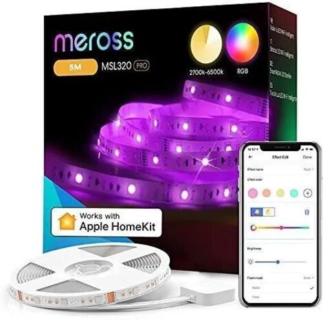 Ruban LED connecté Wi-Fi 5M RGB 2700K-6500K – Contrôle à distance via application – Minuterie et programmation – Non étanche pour intérieur – Meross