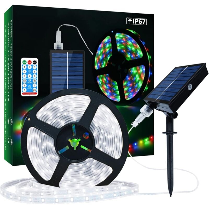Ruban led Solaire Extérieur, 5m 280 LEDs Bande led IP67 Étanche, Lumières led Blanc Froid avec Télécommande, 8 Modes d'Eclairage 2835 smd Guirlande