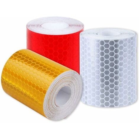 Ruban Réfléchissant Nid d’Abeille 5 x 300 cm Rouge Blanc Jaune, Lot de 3 pour Sécurité et Signalisation Nocturne