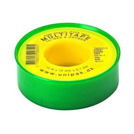 Ruban Teflon PTFE 12m x 12mm – Homologué gaz et eau potable – Température -200°C à +260°C – Pression 60 bar – Unipak