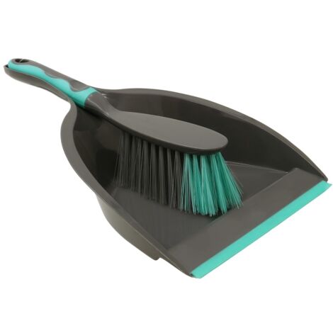 Rubber Grip Dustpan and Bristle Brush Set, Grey/Turquoise