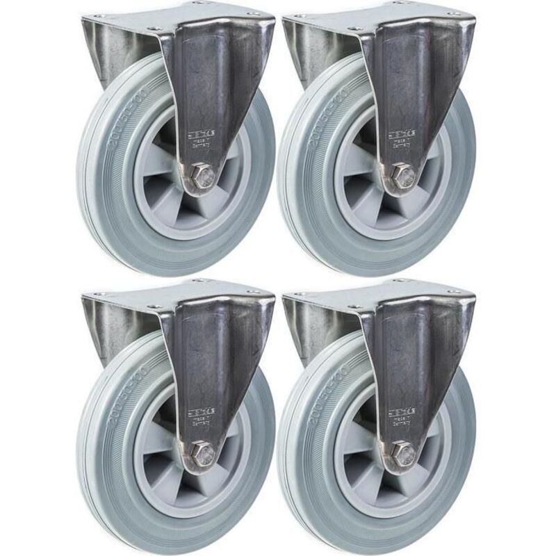Rubber wheels - 200 mm - Fixed - 820 kg - Set of 4 - Gray