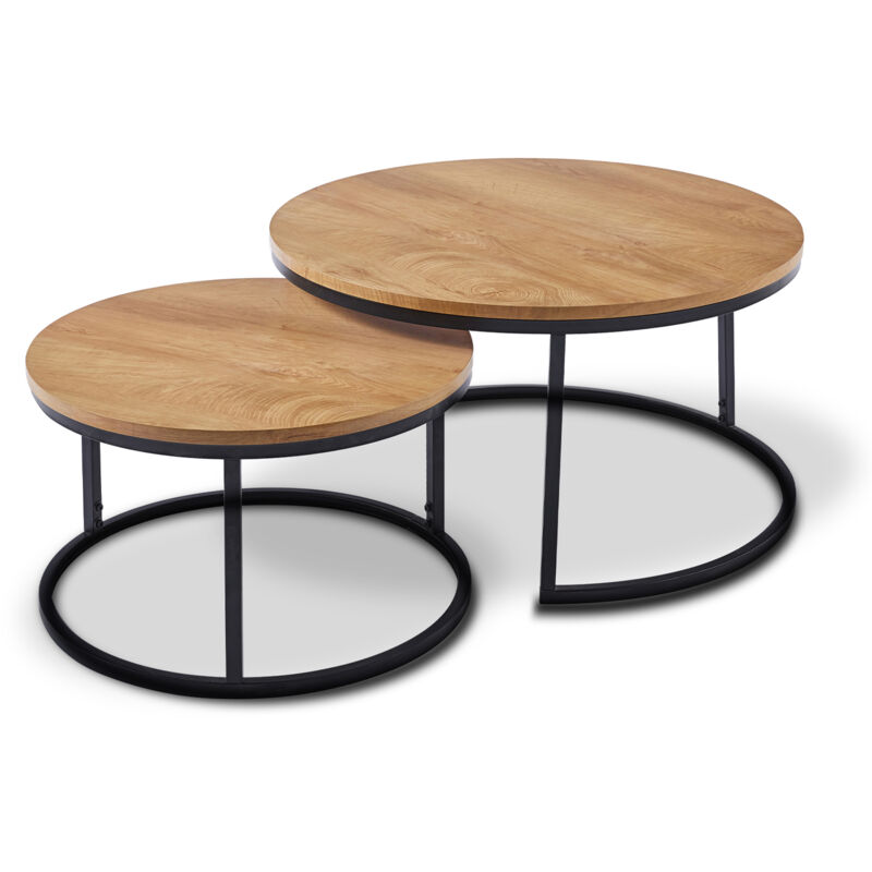 Mobilier Deco - ruben - Lot de 2 tables basses rondes gigognes en bois et métal noir