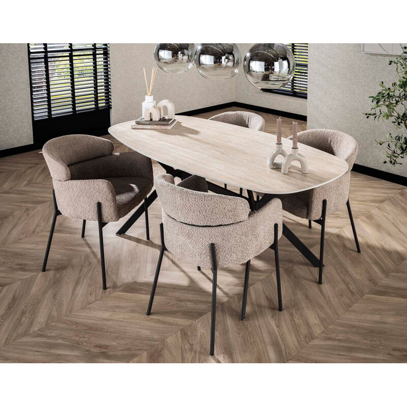 Ruben - table à manger - plateau en céramique effet travertin - pieds en acier - 4 à 6 personnes - beige / noir Ruben - table à manger - plateau en céramique effet travertin - pieds en acier - 4 à 6 personnes - beige / noir