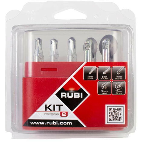 Rubi – Kit de molettes complètes 5 diamètres – Boîtier plastique avec couvercle transparent – Protection et transport sécurisés – Pour carreaux et béton