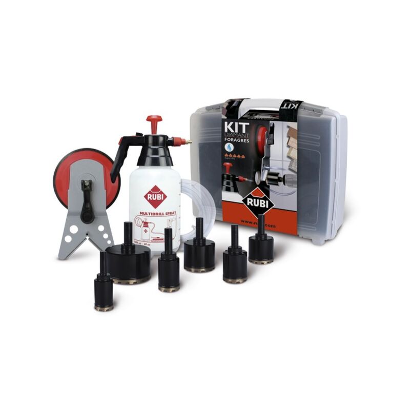 Jeu Rubi foragres pour forage humide 20, 28, 35, 43, 50, 65 mm + guide + hydronette
