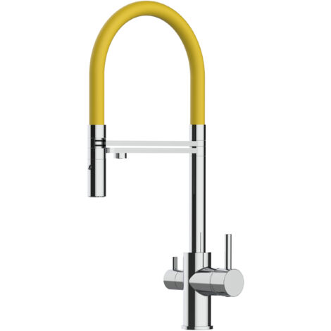 Rubinetto 3 vie miscelatore cucina cromato con canale separato per acqua filtrata, canna gialla movibile e doccia due getti staccabile