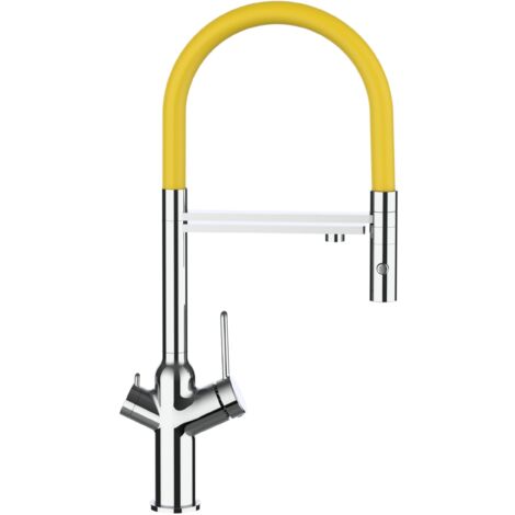 Rubinetto 3 vie miscelatore cucina cromato con canale separato per acqua filtrata, canna gialla movibile e doccia due getti staccabile - serie BOD