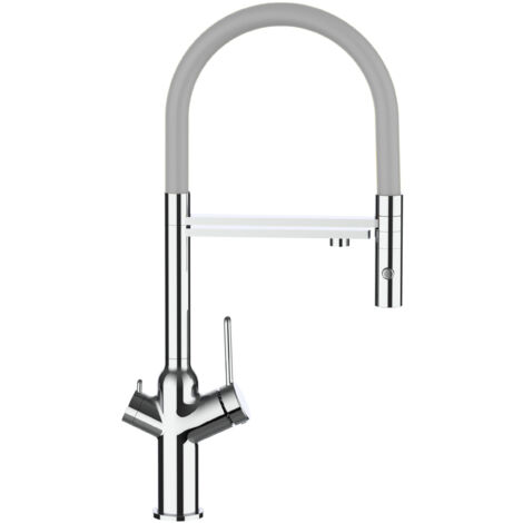 Rubinetto 3 vie miscelatore cucina cromato con canale separato per acqua filtrata, canna grigia movibile e doccia due getti staccabile - serie BOD