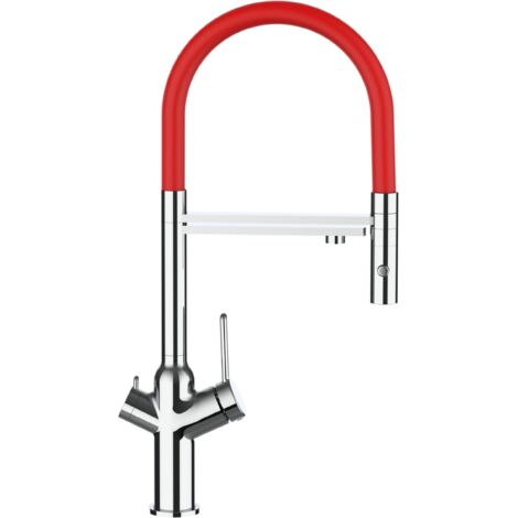 Rubinetto 3 vie miscelatore cucina cromato con canale separato per acqua filtrata, canna rossa movibile e doccia due getti staccabile - serie BOD