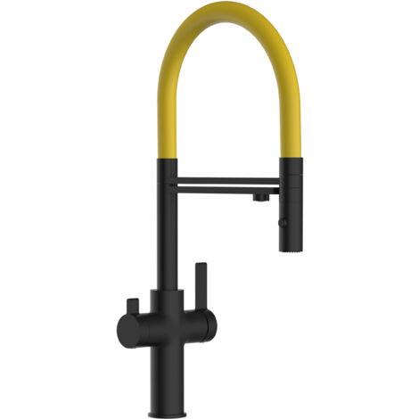 Rubinetto 3 vie miscelatore cucina Nero Opaco con canale separato per acqua filtrata, canna gialla movibile e doccia due getti staccabile - Serie FC