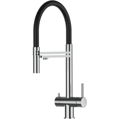 Rubinetto 3 vie miscelatore lavello cucina VIZIO in Acciaio INOX Lucido - Canna nera movibile e doccia due getti staccabile - ACCIAIO CHIRURGICO AISI 316