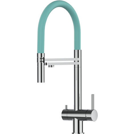 Rubinetto 3 vie miscelatore lavello cucina VIZIO in Acciaio INOX Lucido - Canna turchese movibile e doccia due getti staccabile - ACCIAIO CHIRURGICO AISI 316