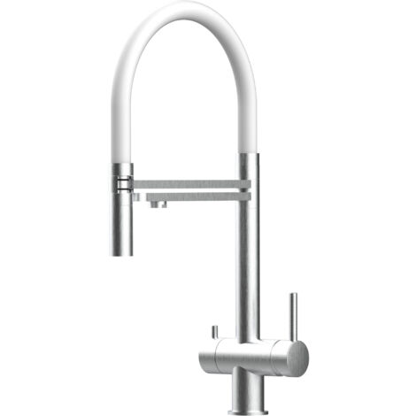 Rubinetto 3 vie miscelatore lavello cucina VIZIO in Acciaio INOX Spazzolato - Canna bianca movibile e doccia due getti staccabile - ACCIAIO CHIRURGICO AISI 316