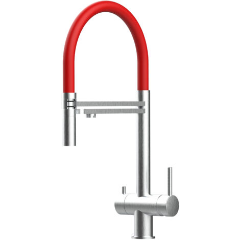 Rubinetto 3 vie miscelatore lavello cucina VIZIO in Acciaio INOX Spazzolato - Canna rossa movibile e doccia due getti staccabile - ACCIAIO CHIRURGICO AISI 316