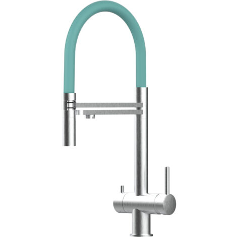 Rubinetto 3 vie miscelatore lavello cucina VIZIO in Acciaio INOX Spazzolato - Canna turchese movibile e doccia due getti staccabile - ACCIAIO CHIRURGICO AISI 316