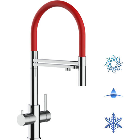 Rubinetto 5 vie miscelatore lavello cucina in Acciaio INOX Lucido - canna rossa movibile e doccia 2 getti staccabile - ACCIAIO CHIRURGICO AISI 316