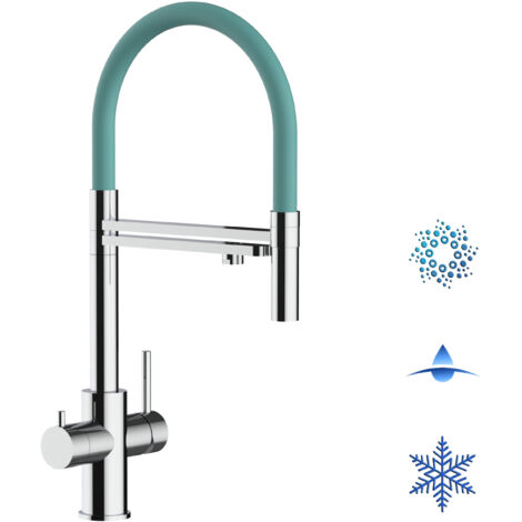 Rubinetto 5 vie miscelatore lavello cucina in Acciaio INOX Lucido - canna turchese movibile e doccia 2 getti staccabile - ACCIAIO CHIRURGICO AISI 316
