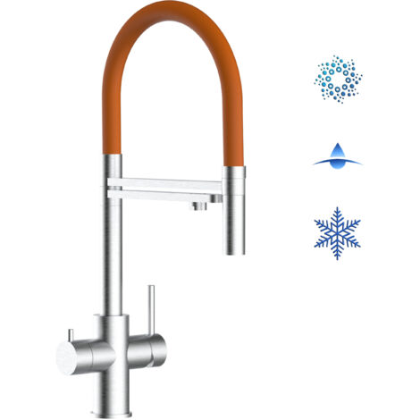 Rubinetto 5 vie miscelatore lavello cucina in Acciaio INOX Spazzolato - canna arancione movibile e doccia 2 getti staccabile - ACCIAIO CHIRURGICO AISI 316