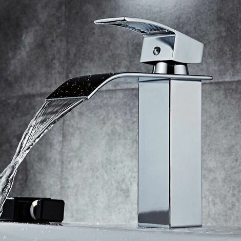 Rubinetto a cascata a bocca larga Trattamento a specchio in acciaio inossidabile Gomito quadrato sotto il rubinetto del lavabo da appoggio -