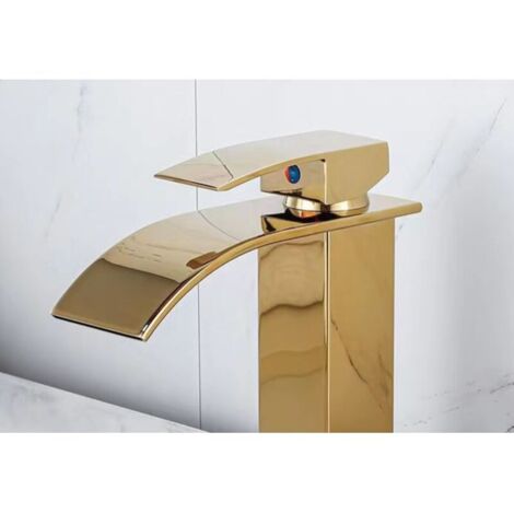 Rubinetto a cascata laccato oro per lavabo da appoggio, acqua calda e fredda, mobiletto da bagno, rubinetto monoforo, rubinetto a cascata per lavabo, miscelatore a cascata, rubinetto da bagno monoforo
