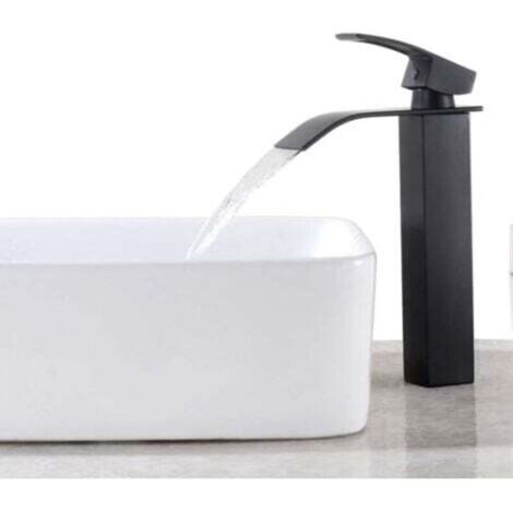 Rubinetto a cascata nero con beccuccio alto, miscelatore monoforo per lavabo alto, rubinetto per lavabo con leva singola in rame, miscelatore per bagno