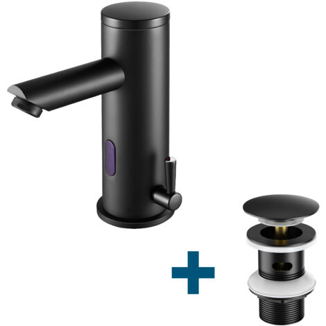 Rubinetto a sensore infrarosso miscelatore automatico per lavabo + set di scarico con troppopieno, miscelatore monocomando per bagno con pop up, nero