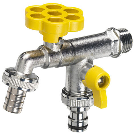 Rubinetto a Sfera Doppio per Fontana da Giardino con Fiore e Leva Colorate Belfer RUB/030 Giallo