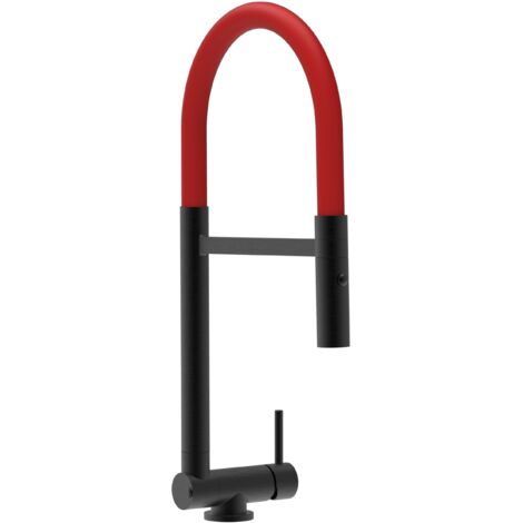 Rubinetto abbattibile a soli 4,5 cm, miscelatore cucina Nero Opaco per sottofinestra canna rossa movibile e doccia due getti staccabile