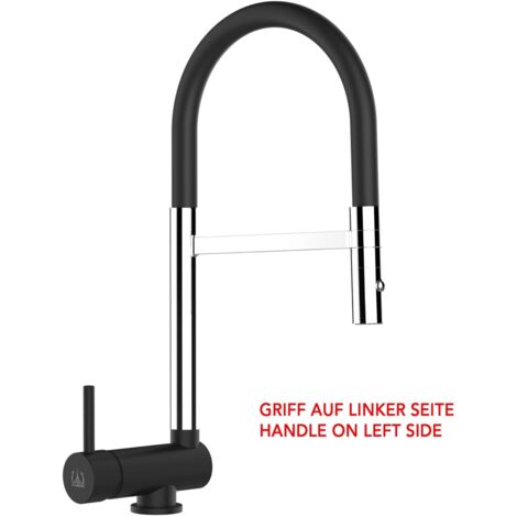 Rubinetto abbattibile VIZIO cromato e nero opaco canna abbattibile 6 cm per sottofinestra - canna nera movibile e doccia 2 getti staccabile - maniglia a sinistra