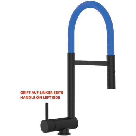 Rubinetto abbattibile VIZIO nero opaco canna abbattibile 6 cm per sottofinestra - canna blu movibile e doccia 2 getti staccabile - maniglia a sinistra