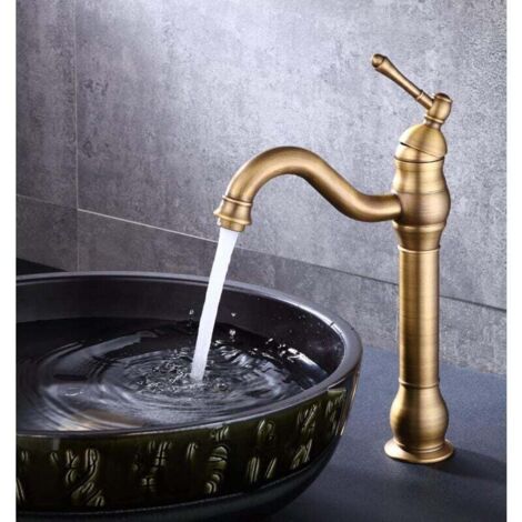 Rubinetto alto per bagno in ottone anticato, rubinetto per lavabo con maniglia singola, bocca girevole a 360°.