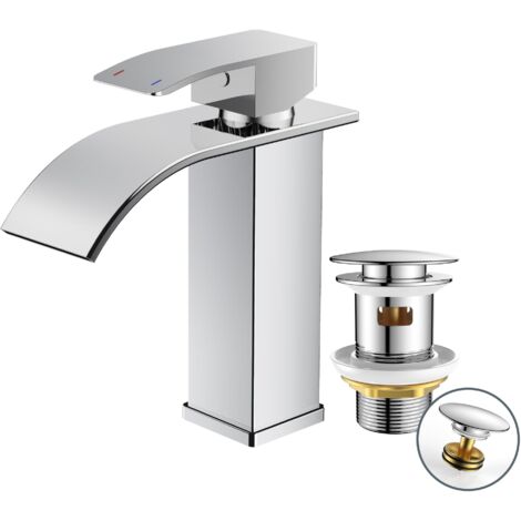 Rubinetto Bagno con Scarico, Miscelatore Lavabo a Cascata, Altezza Becco 110 mm, Risparmio Idrico ed Energetico, Finitura Cromata
