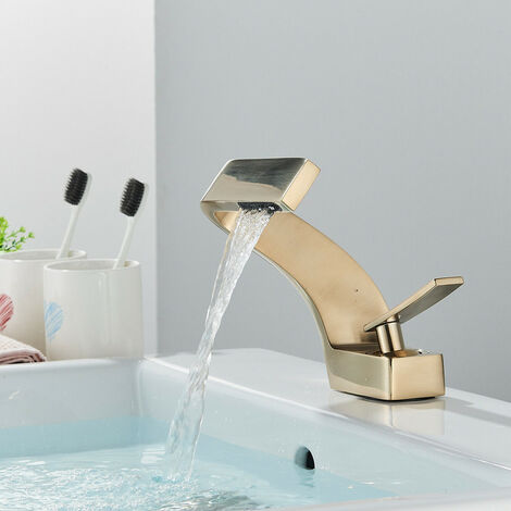 ONYZPILY Rubinetto Bagno Lavabo Cascata, Bagno Cascata Rubinetto Lavabo E Fredda E Calda Regolabile Miscelatore Da Lavandino,Rubinetto Da Bagno Per Lavandino A Cascata ,Oro Spazzolato