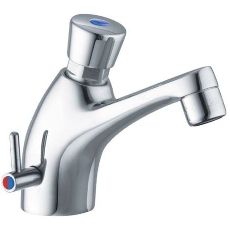 Rubinetto collo cigno cromato temporizzato con comando a pulsante e leva caldo/freddo per lavabo 1/2" PORTA E BINI