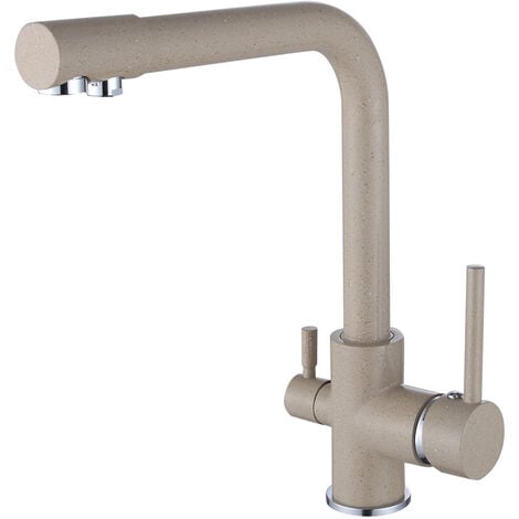 Rubinetto Cucina 3 Vie Miscelatore Cucina Girevole a 360° Regolabile Fredda Calda e Acqua Pura Includere Tubo 3/8" Beige